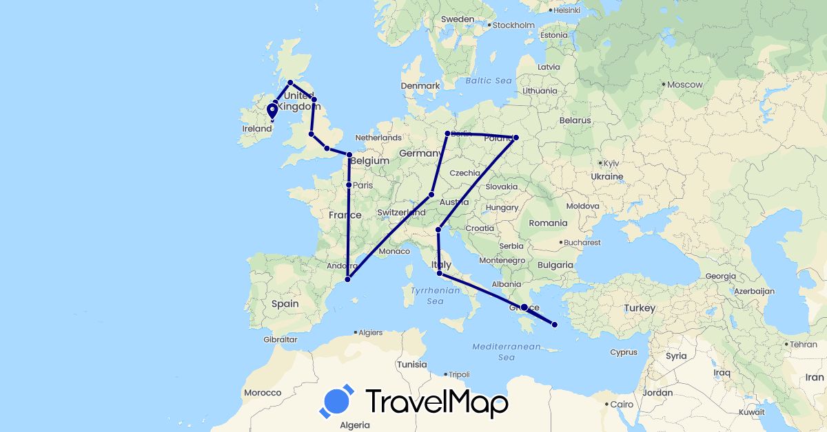 TravelMap itinerary: driving in Germany, Spain, France, United Kingdom, Greece, Ireland, Italy, Poland (Europe)